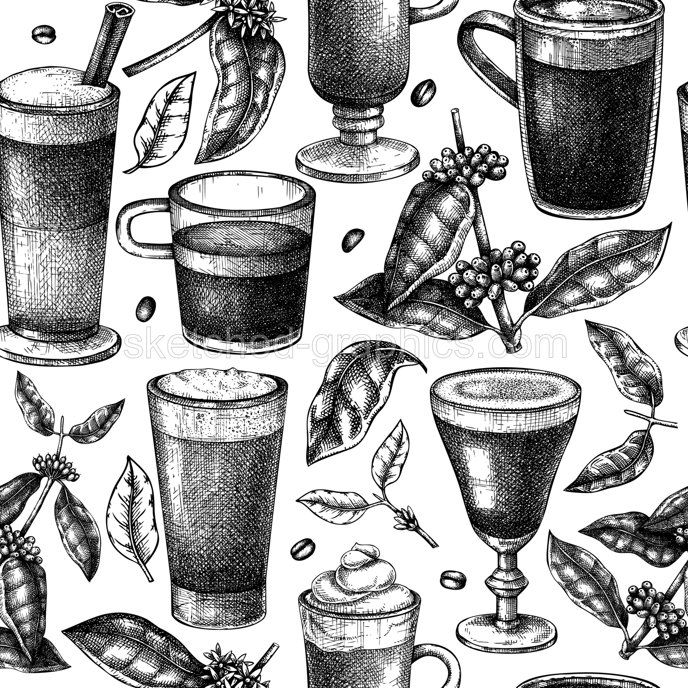 Hand-sketched coffee seamless pattern. Vector sketches of mugs with aromatic caffeine drinks background. With botanical coffee plants, leaves, and beans in vintage style. Vector beverages backdrop Illustration